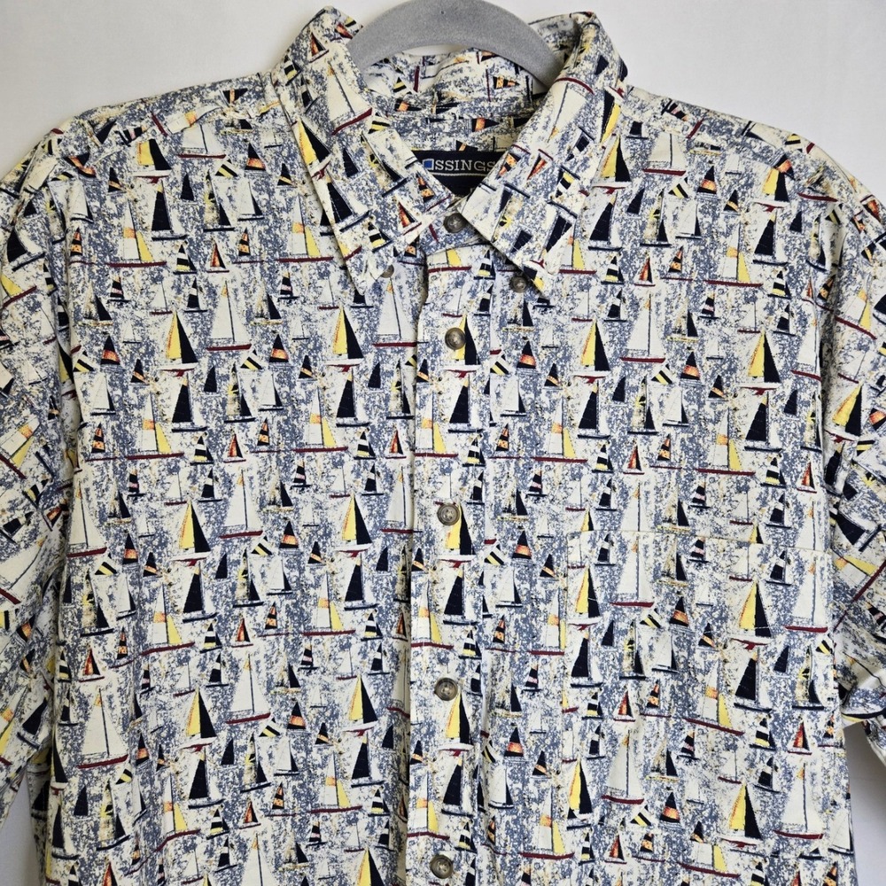 Crossings Nautical Sailboats Button-Down Short Sleeve Shirt, Coastal Prep, Large